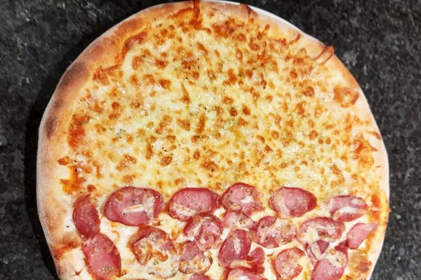 Half-and-half pizza, cheese on one side and sausage on the other.